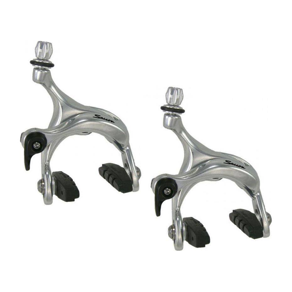 Zilveren Saccon velgremmen voor Saccon Road Dual Pivot 39-49 mm aluminium remmen set op fiets.