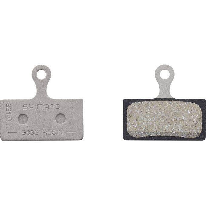 Shimano G03S resin schijfremblokjes voor effectieve remprestaties op fietswielen, passend bij diverse Shimano remsystemen.