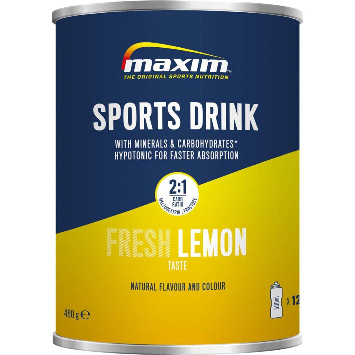 Sportdrank Maxim Sports Drink Fresh Lemon in 480 gram verpakking, met frisse citrussmaak en energiebuffer voor sporters.