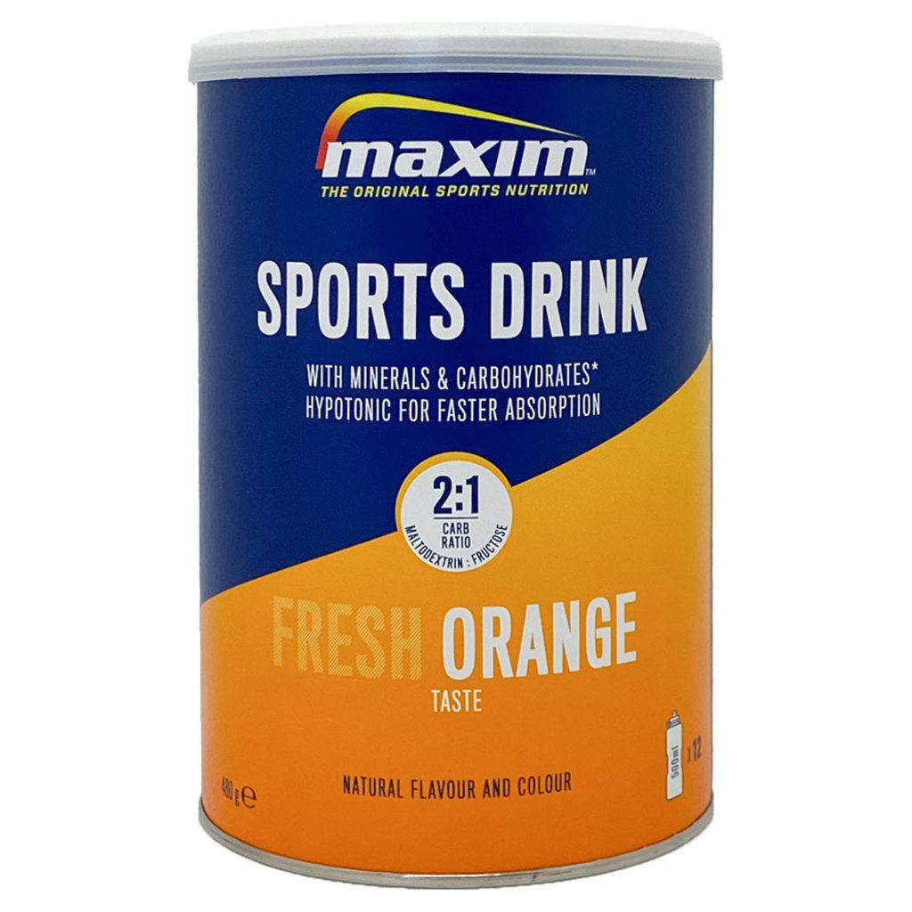 Sportdrank Maxim Maxim Sports Drink Fresh Orange 480g met oranje citrus smaak en poeder voor hydratatie tijdens sporten