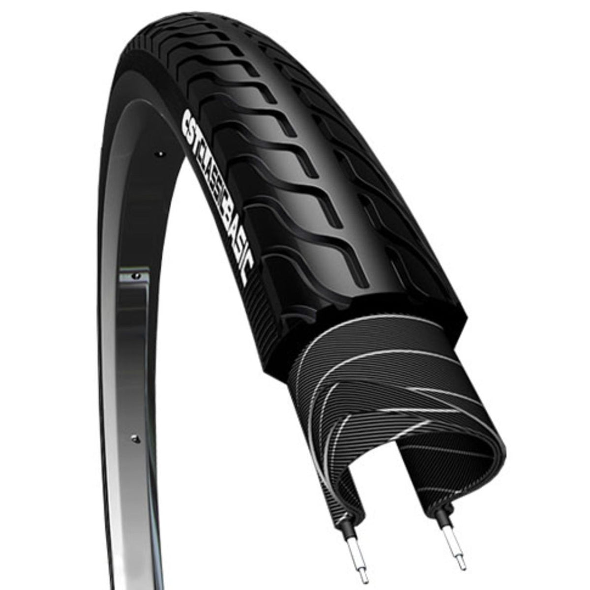 Zwarte CST stadsfiets buitenband 26x1 3/8" met reflectie, geschikt voor stadsfietsen en voorzien van reflector.