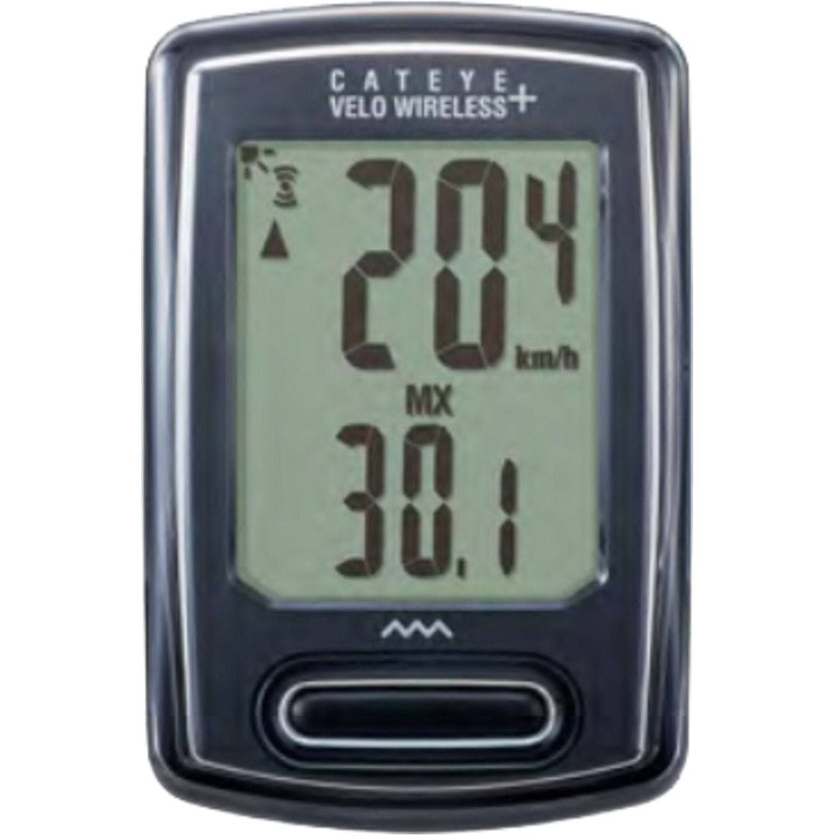 Cateye draadloze fietscomputer CC-VT235W met zwart display en achtergrondverlichting, toont kilometerstand op fiets.