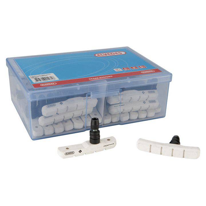 Elvedes V-brake remblokken set, 72 mm, wit, 25 paar, geschikt voor V-brake fietsremmen, duidelijke close-up van de remblokken