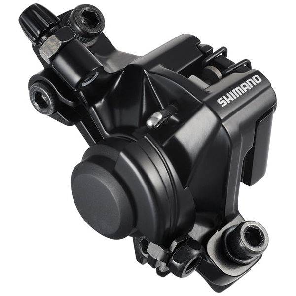 Zwarte Shimano Br-M375 mechanische schijfremklauw voor post mount, zichtbaar in de afbeelding.