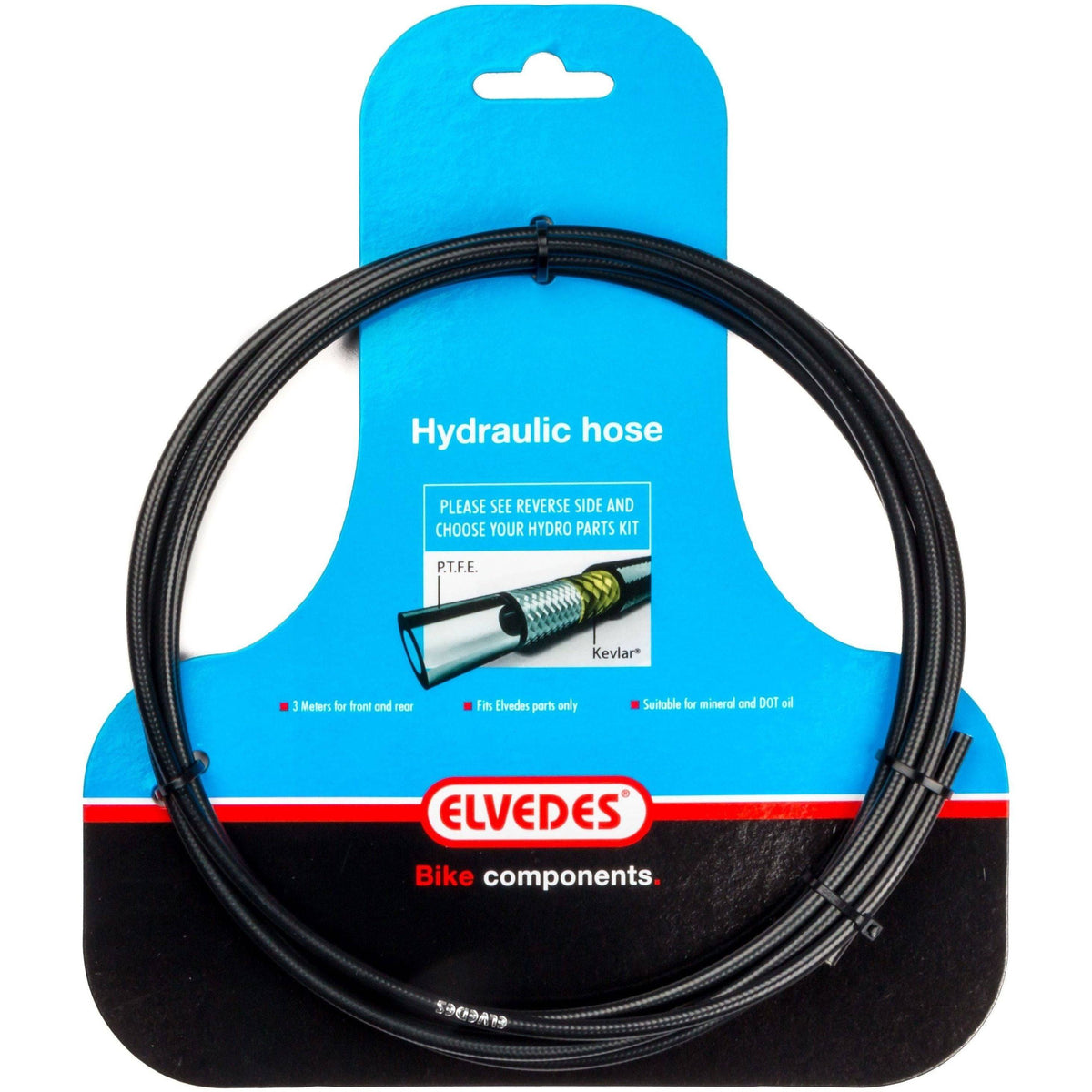 Zwarte hydraulische remleiding van Elvedes met PTFE-voering en Kevlar-bescherming, 3 meter lengte op kaart.