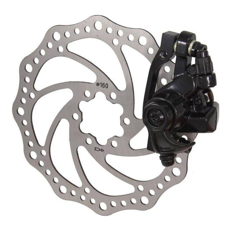 Saccon mechanisch remset voor voor en achter Saccon DM33 e-bike, inclusief remschijven, zwart met remhendels en kabels.