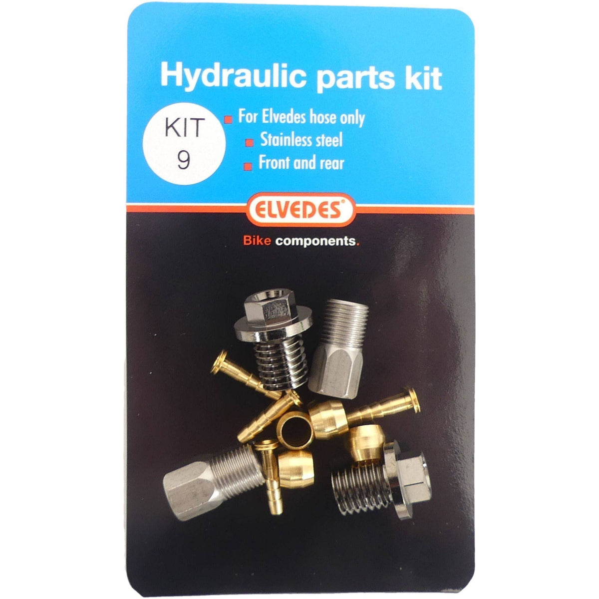 Hydraulische onderdelen kit van Elvedes met M9 flensbout en M8 RVS onderdelen voor voor- en achterrem, zichtbaar op de kaart.