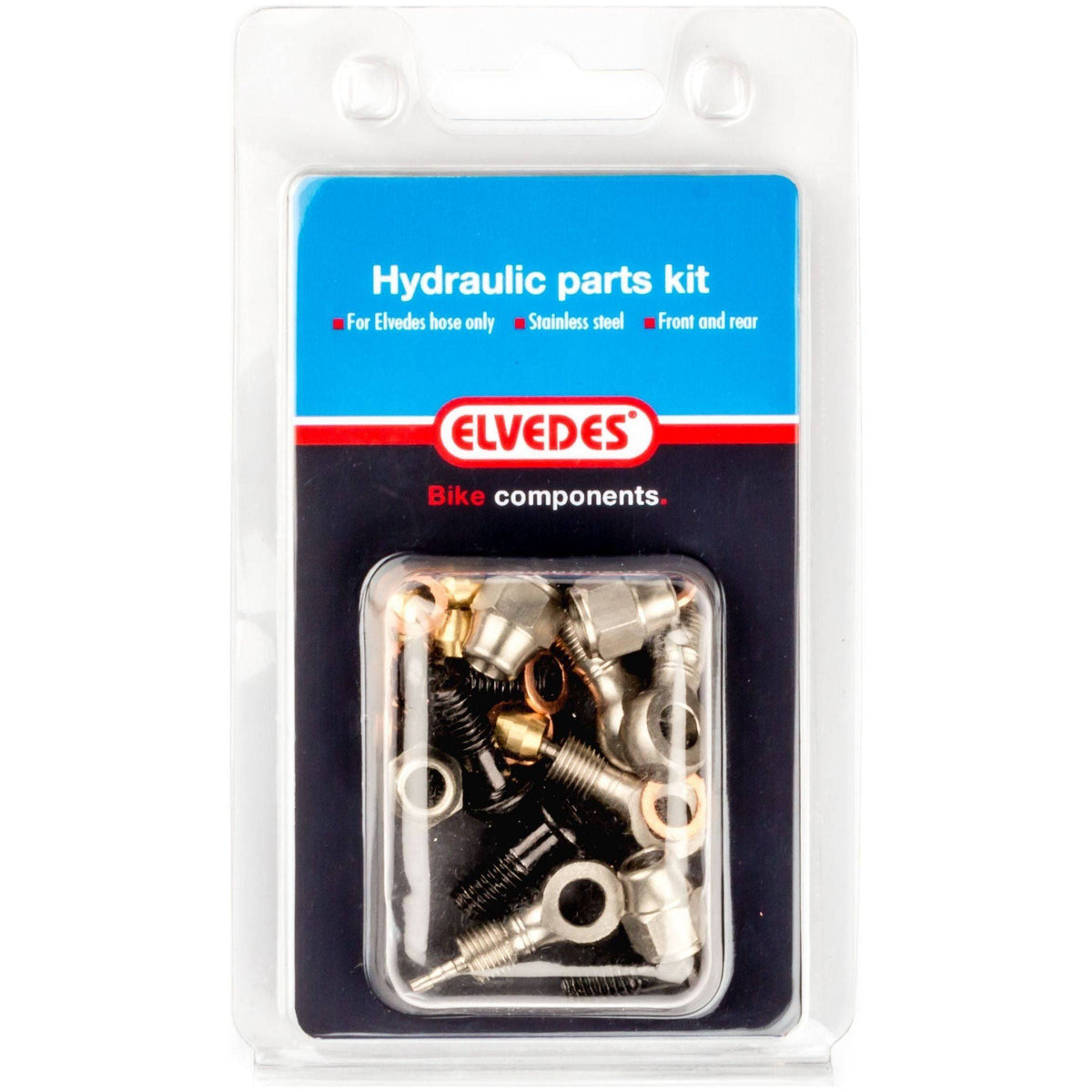 Hydraulische onderdelen kit van Elvedes met RVS banjo voor Magura MT 4/5/5E/6/7/8 voor- en achterrem, inclusief 7 onderdelen.