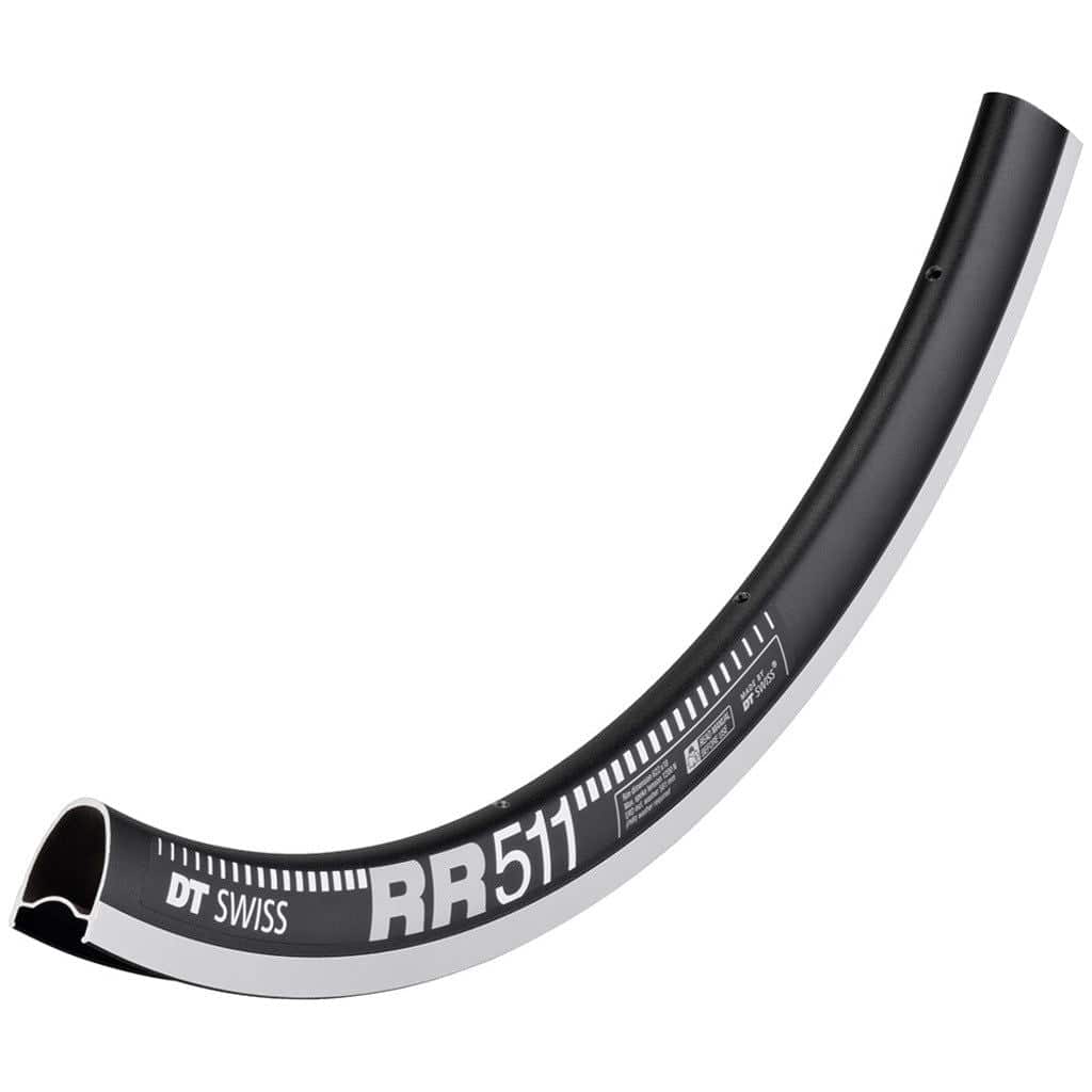 Zwarte DT Swiss 28-inch RR511 aluminium velg met 21,5 mm breedte en 32/14 spaken, geschikt voor fiets wiel.