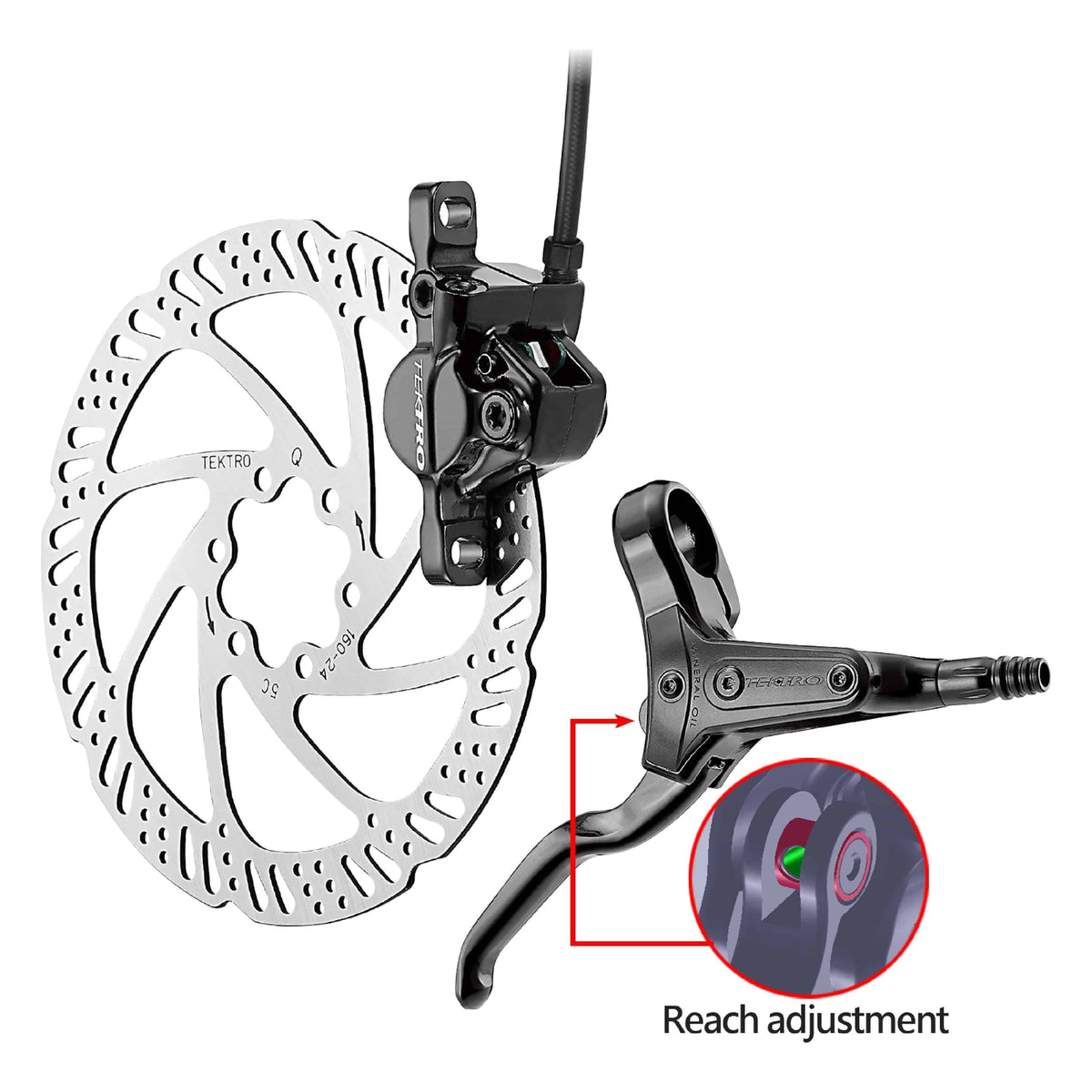 Zwarte Tektro HD-M285 hydraulische schijfrem rechts met 1800 mm leiding voor e-bike, zichtbaar in close-up.