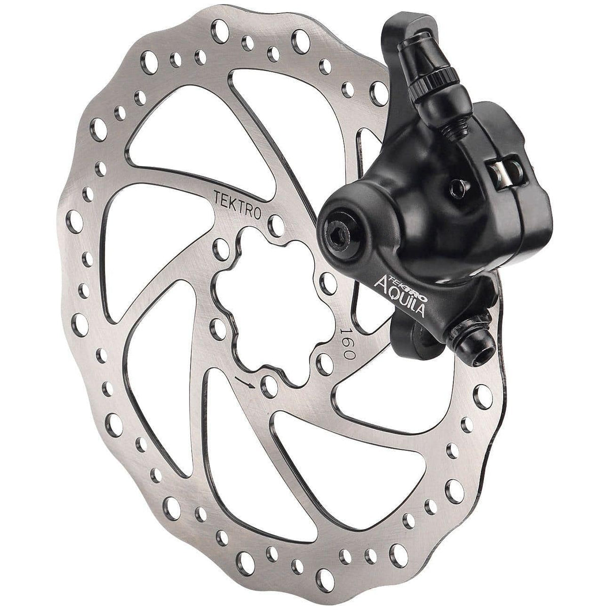 Tektro MD-M500 mechanische schijfremset voor e-bike, voorkant met 180 mm remschijf en remhendels, zwart en robuust ontwerp