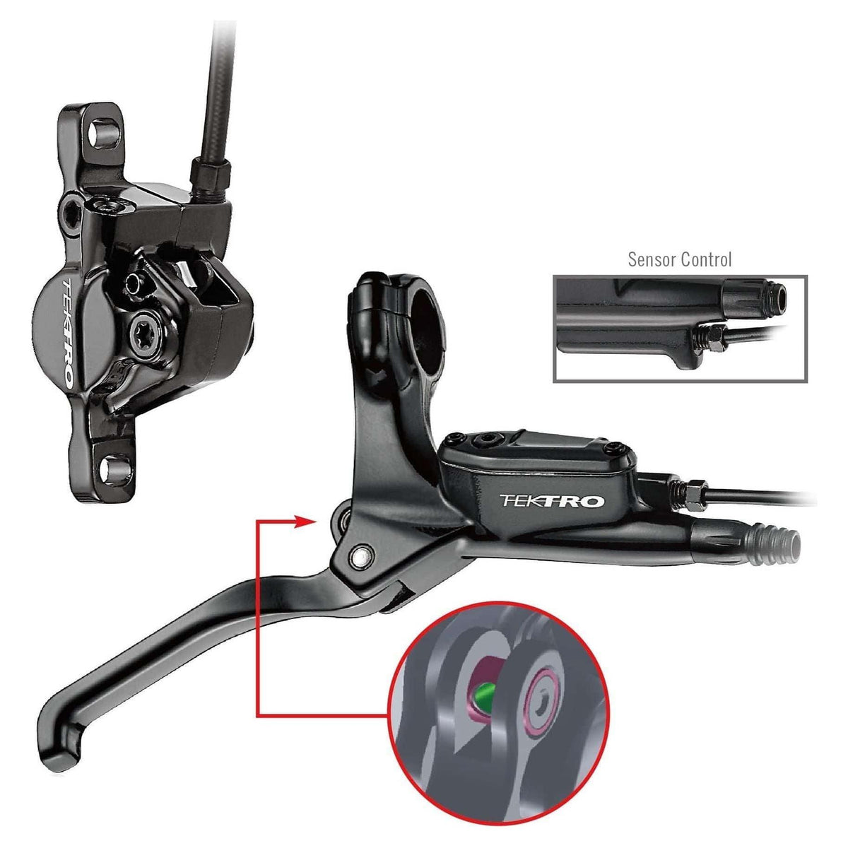 Tektro HD-E350 hydraulische schijfremset voor e-bike met remsensor rechts, 180 cm leiding, zwart en montageonderdelen zichtbaar