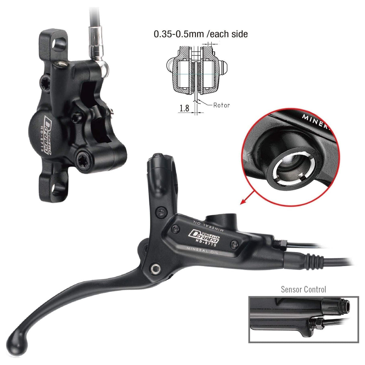 Tektro hydraulische schijfremset HD-E715 Dorado voor e-bike, rechts met 1800 mm leiding en remklauw zichtbaar.