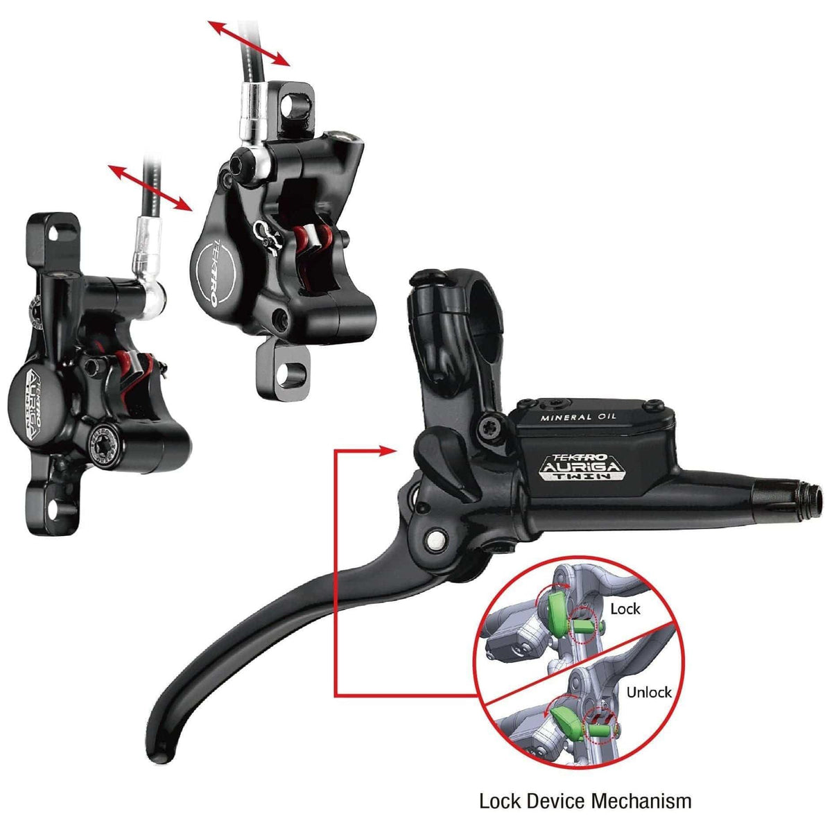 Zwarte Tektro HD-T525 Auriga Twin Cargo hydraulische E-bike schijfremmen links met leidingen en handremfunctie