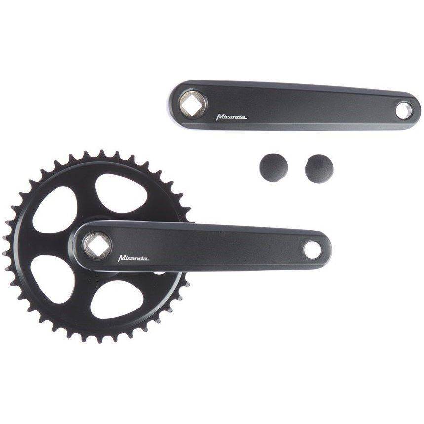 Mat zwart stadsfiets crankstel 38T Miranda Delta Jis voor 3/32 ketting zonder disc, zichtbaar met ketting en crankarmen.