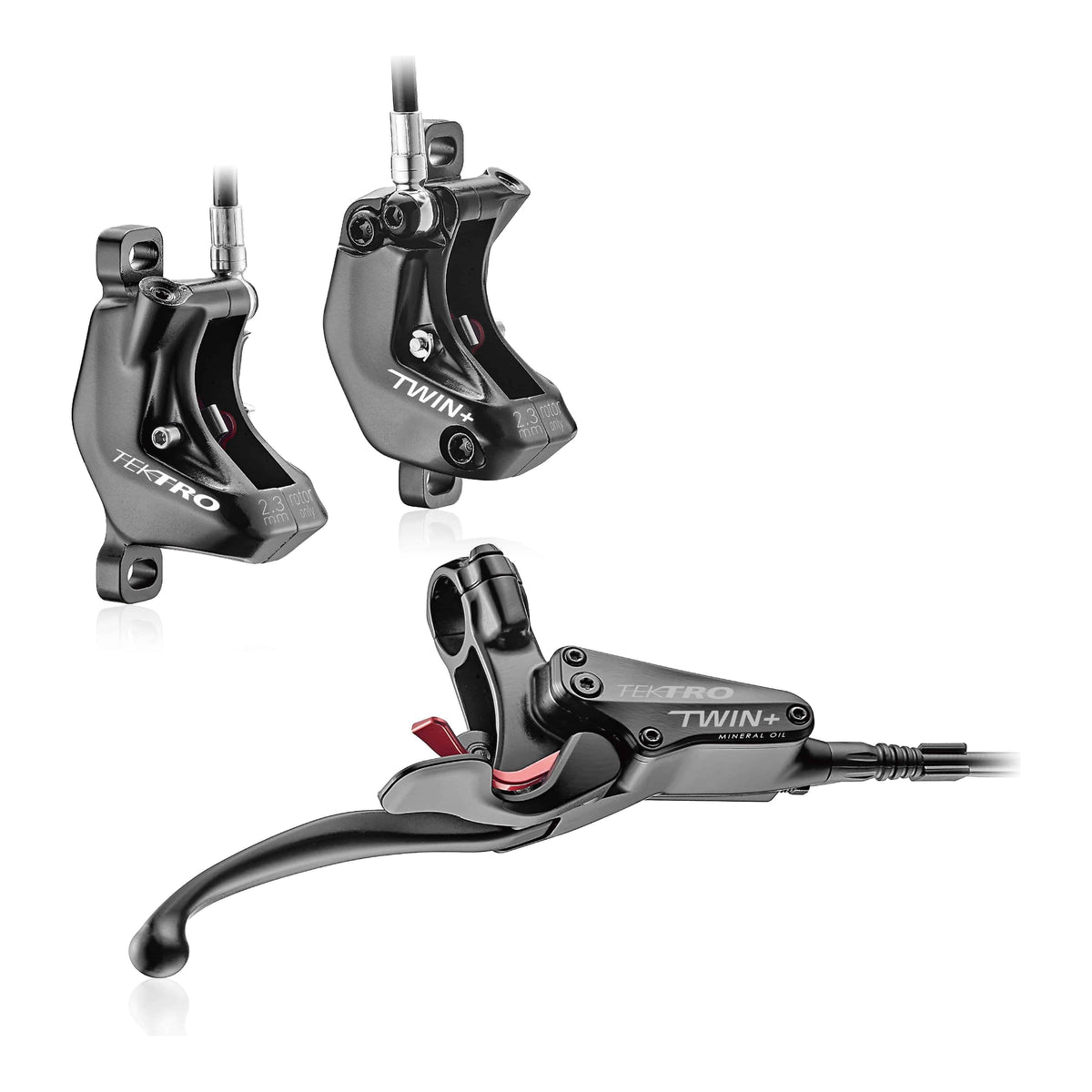 Zwarte Tektro HD-E745 hydraulische schijfremset voor e-bike, links, met 1400, 700 en 250 mm leidingen, zichtbaar in de afbeelding.