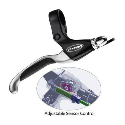 Zwarte Tektro El550Fr-Rs V-brake remhendelpaar voor e-bike met afslagsensor, satijnafwerking en losse remgrepen op de afbeelding.