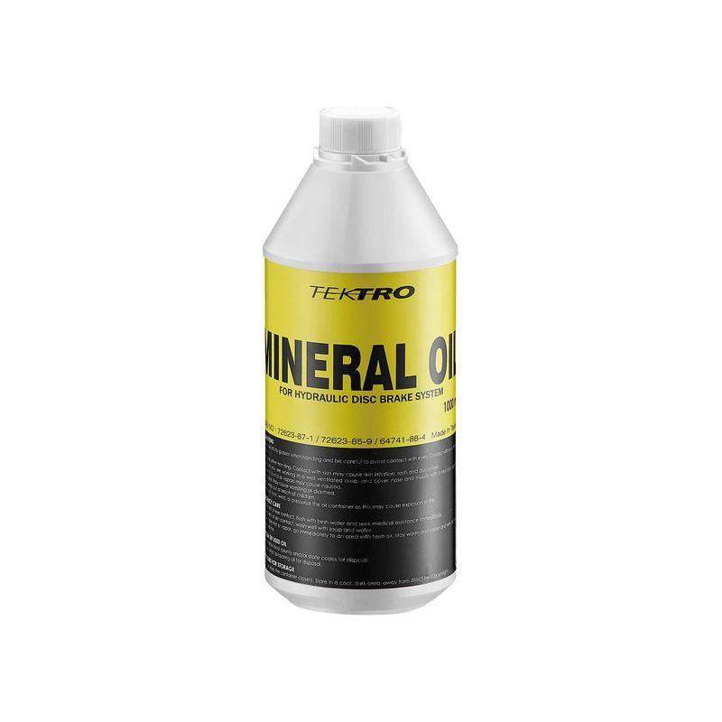 Tektro mineraal olie voor schijfremmen in een fles van 1000 ml, geschikt voor onderhoud en smering van remsystemen.