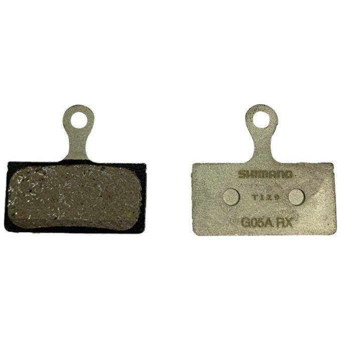 Shimano G05A-Rx resin schijfremblokjes, paar, voor betrouwbare remprestaties op de fiets, zichtbaar in de afbeelding.