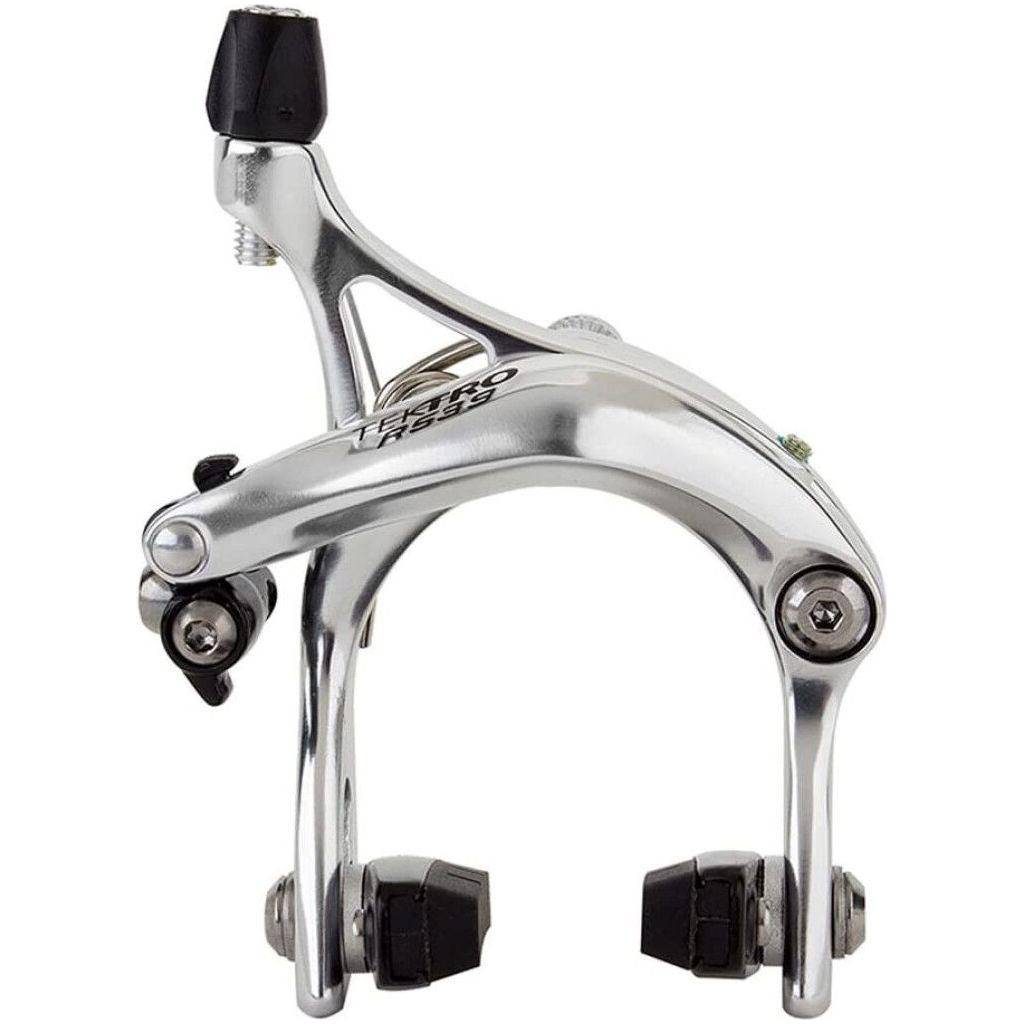 Zilveren Tektro R539 velgremmen voor racefiets, voorkant met remblokken, bandbreedte 47-59 mm, geschikt voor calipers.