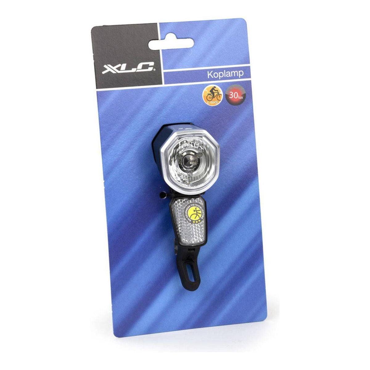 Zwarte XLC Kendo XE LED koplamp met helder licht en stevige behuizing, geschikt voor fietsverlichting.