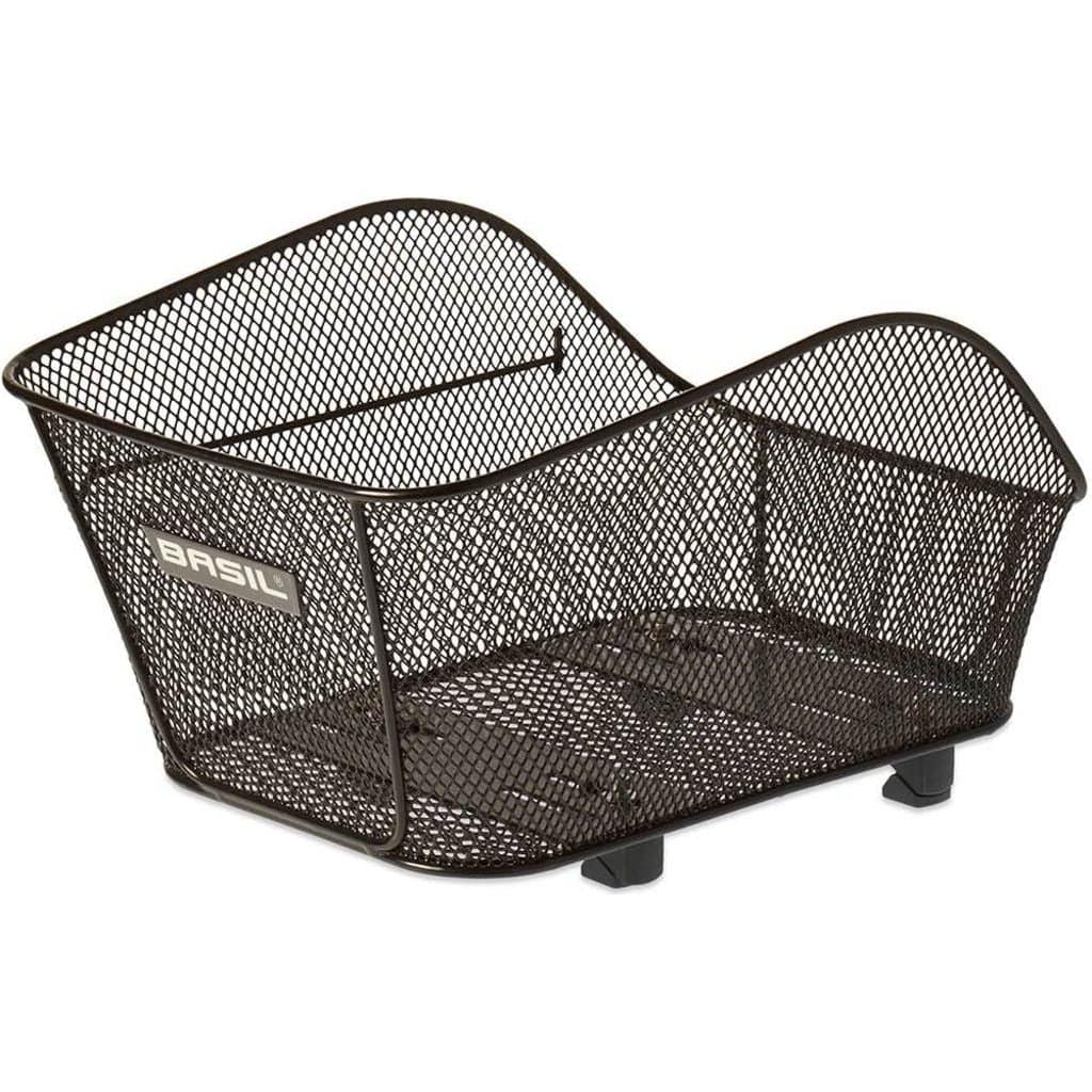 Zwarte Basil Icon S fietskrat van staal met 15 liter capaciteit, geschikt voor fietsmanden, op een fiets gemonteerd.
