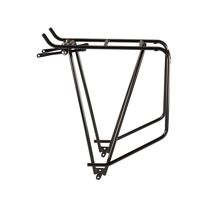 Robuuste Tubus bagagedrager voor fiets, zwart met montagesysteem en bevestigingspunten, geschikt voor stadsfietsen.