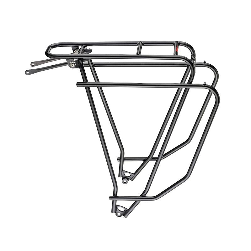 Zwarte Tubus Logo Evo achterdrager voor 26/28 inch fietsen, stevige bagagedrager met bevestigingspunten.