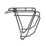 Zwarte Tubus Logo Evo achterdrager voor 26/28 inch fietsen, stevige bagagedrager met bevestigingspunten.