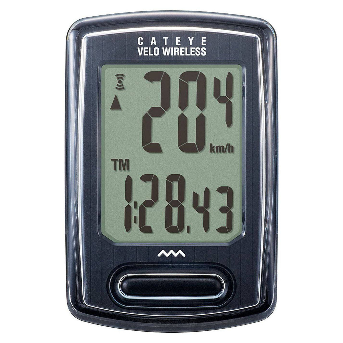 Zwarte draadloze fietscomputer Cateye Velo CC-VT230W met kilometerteller en overzichtelijk display op een fiets.