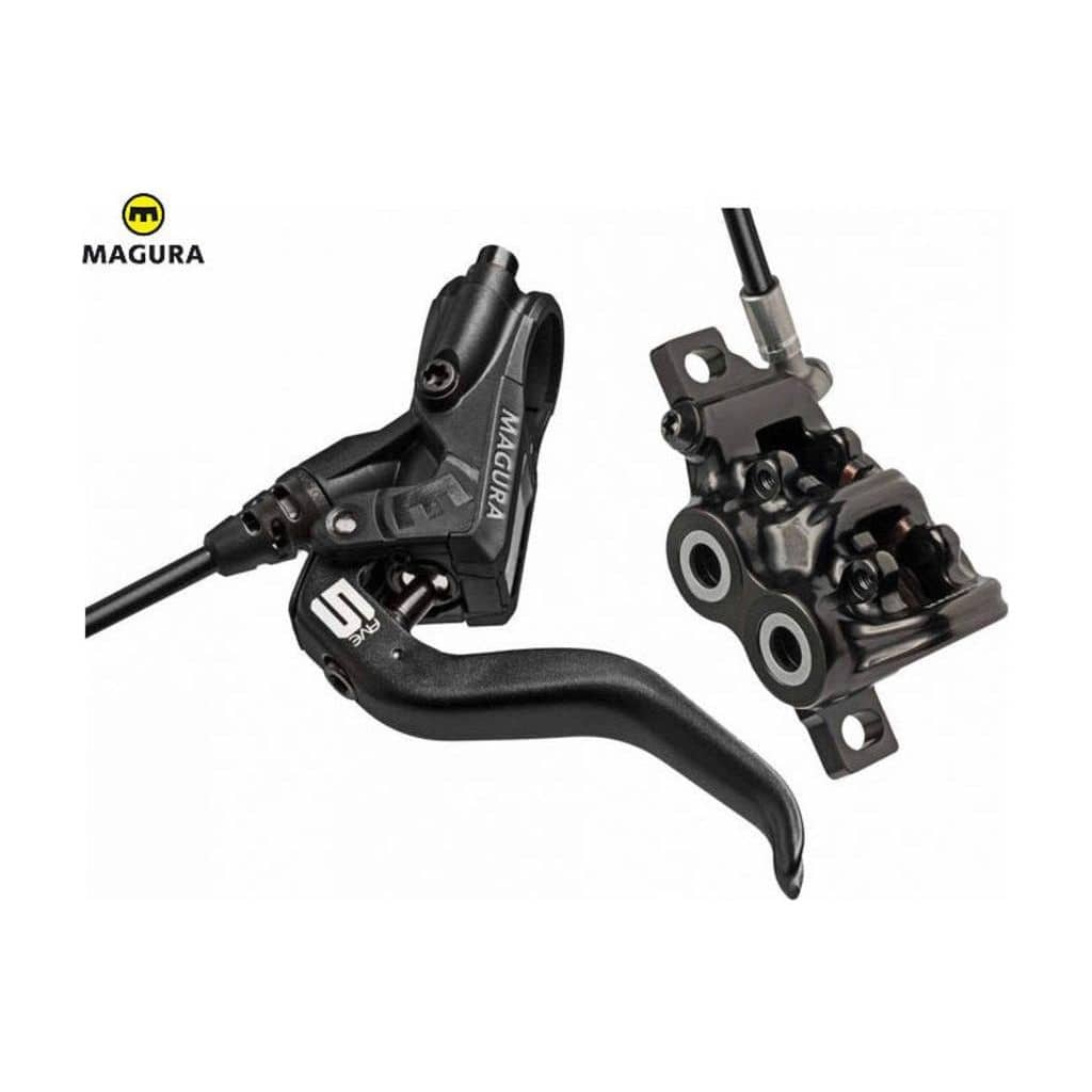 Magura Rem Mt5 V of A 2 Vinger Db zwart, MTB schijfremmen met verstelbare remkracht, zichtbaar in close-up.
