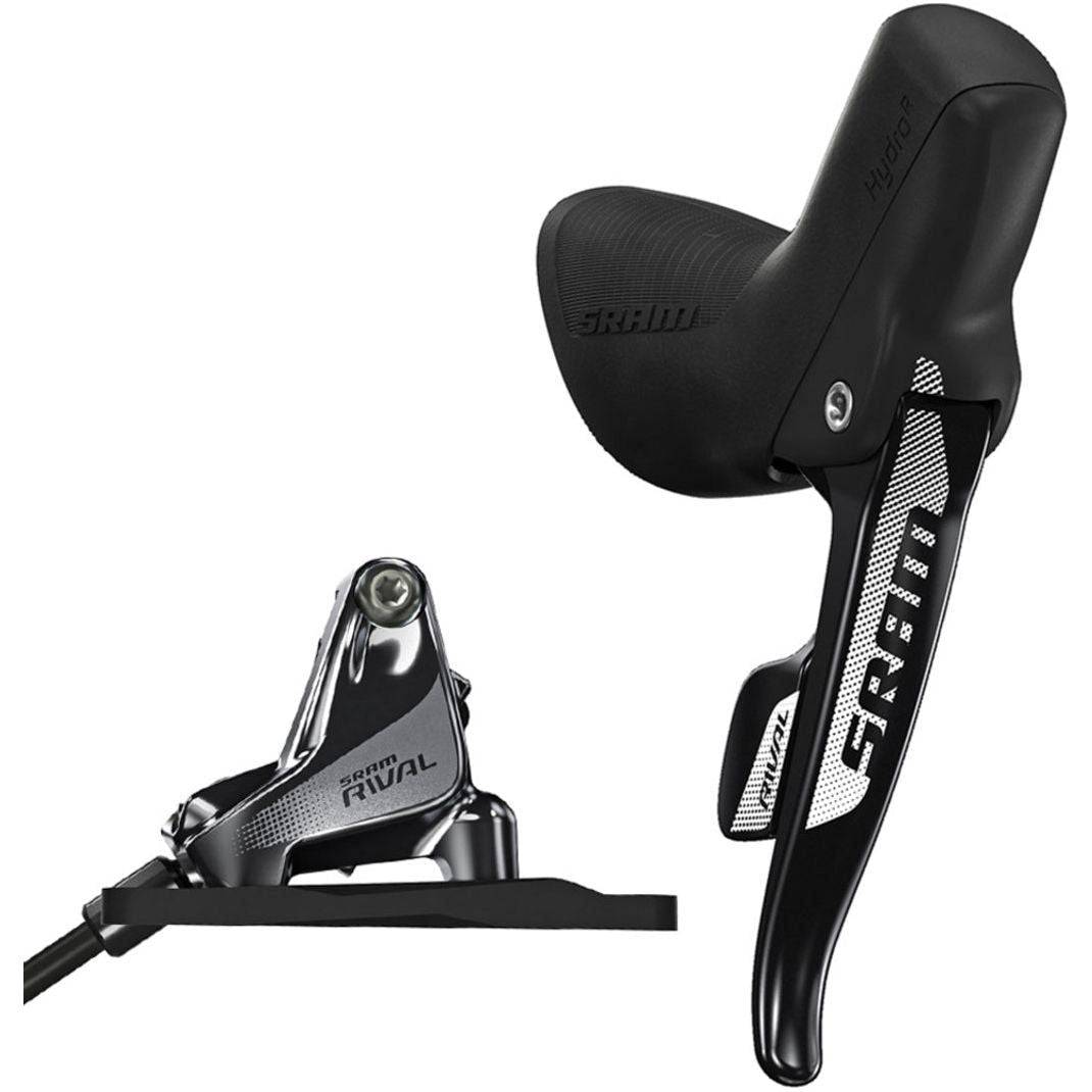 Zwarte SRAM Rival 22 Hydraulische DoubleTap 12-speed shifters voor racefiets, zichtbaar met bedieningsknoppen en kabel.