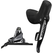 Zwarte SRAM Rival 22 Hydraulische DoubleTap 12-speed shifters voor racefiets, zichtbaar met bedieningsknoppen en kabel.