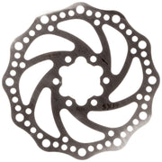 Rvs remschijf Elvedes Sx14 met 6 remschijfboutjes, geschikt voor fietsremmen, zichtbaar met bevestigingsonderdelen.