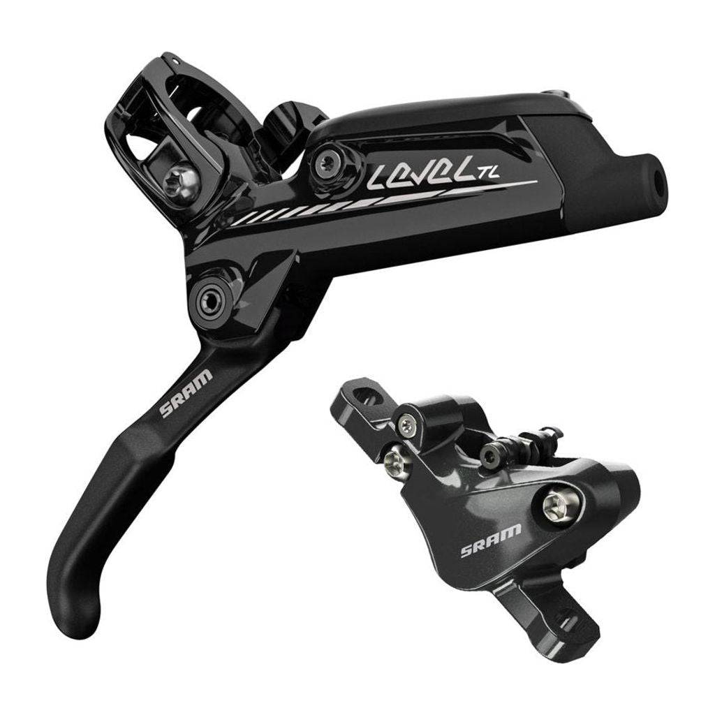 Zwart Sram Rem Level TL DB schijfrem voor mountainbike, inclusief remblok en bevestigingsonderdelen, zichtbaar in de afbeelding.