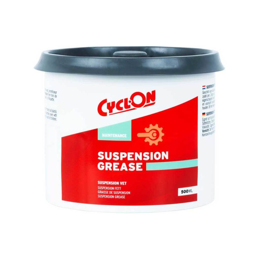 CyclOn montagepasta met smeervet voor vering, 500 ml, zichtbaar in de afbeelding, geschikt voor het smeren en beschermen van veringsonderdelen.