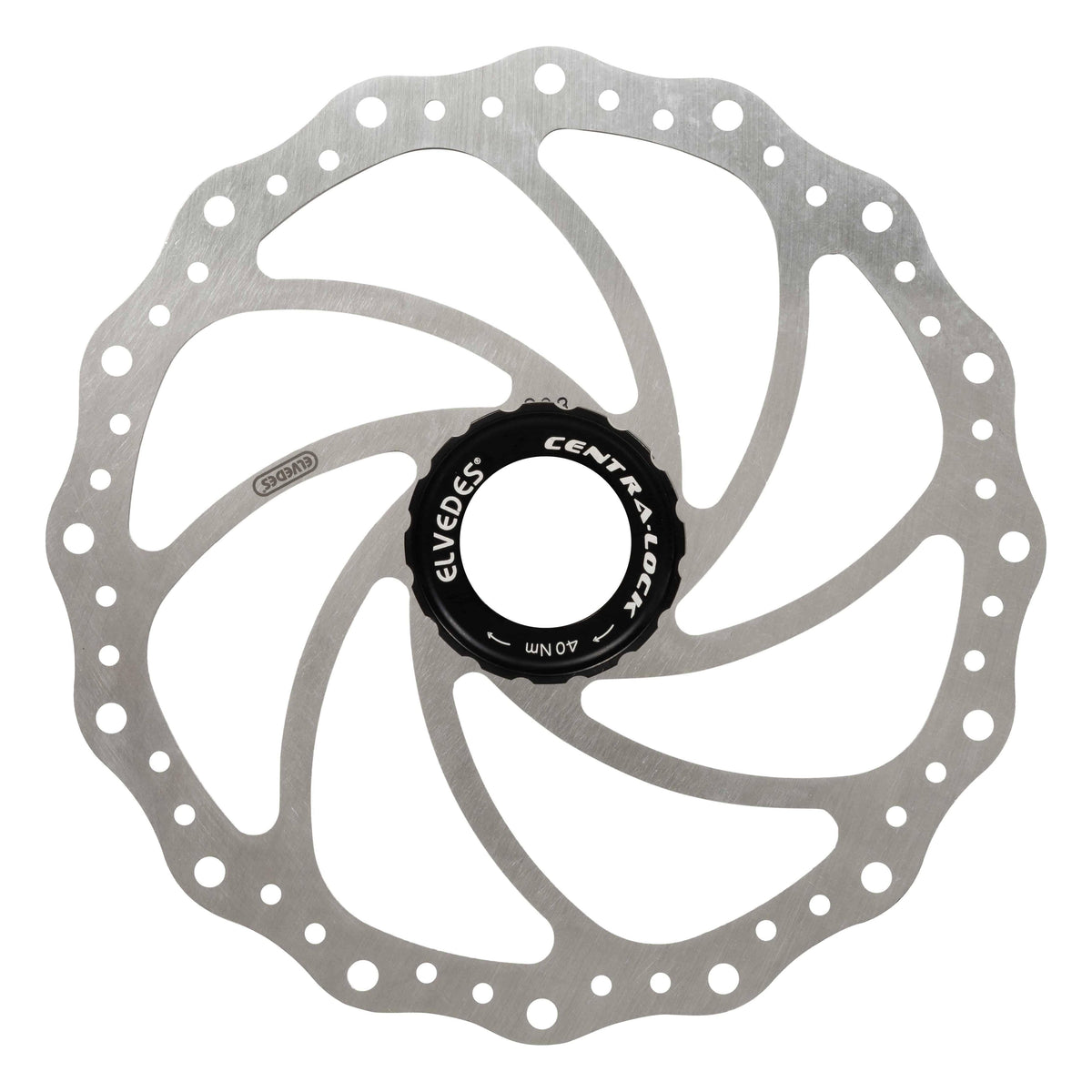 Rvs remschijf Elvedes Sc14 Ø203mm met Center Lock, geschikt voor fietsremmen, zichtbaar in de afbeelding.