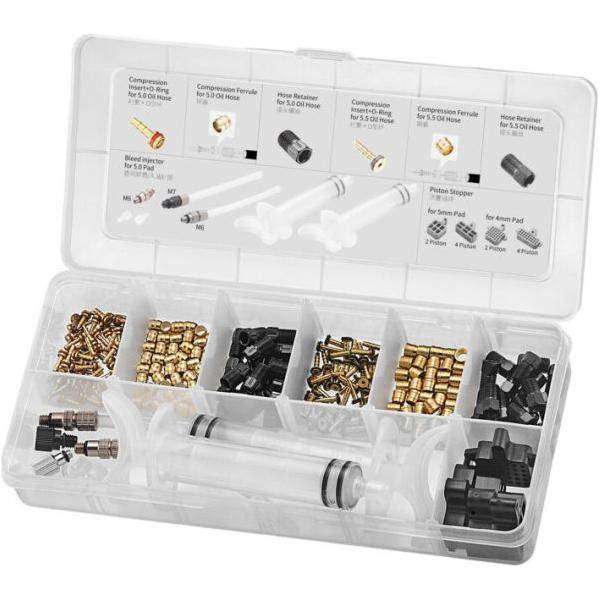 Tektro remservice-set voor schijfremmen, met ontluchtingssets voor Ø5,0 en Ø5,5 mm, inclusief gereedschap en onderdelen