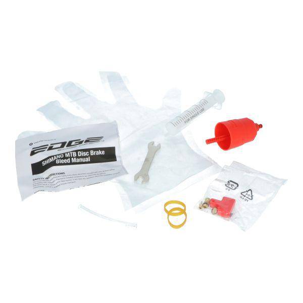 Edge M7 ontluchtingsset voor Shimano remmen met 60 ml minerale olie, inclusief gereedschap voor remsysteem ontluchten.