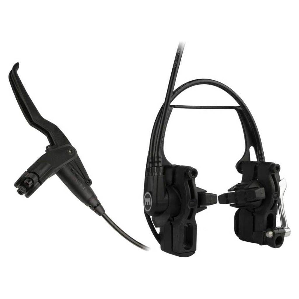 Zwarte Magura HS11 V of A MTB velgremmen met hydraulische remhendels, geschikt voor mountainbikes.