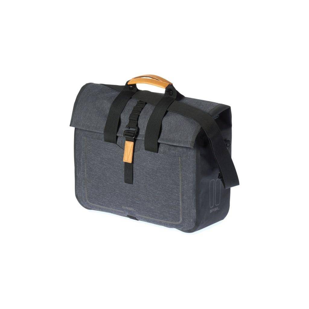 Donkere grijze Basil Urban Dry zakelijke fietstas met waterdichte stof en hook-on bevestiging, 20 liter inhoud, voor dagelijks gebruik.