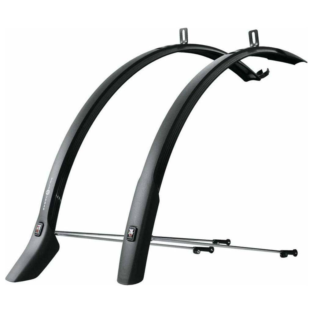 Zwarte SKS Velo 42 Urban 28" spatbordenset met PVC-stangen, 42 mm breed, geschikt voor stadsfietsen.