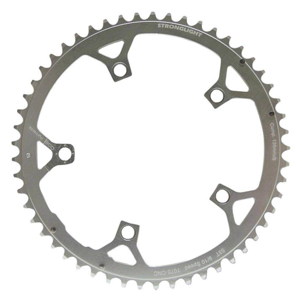 Sterklight kettingblad Campagnolo Type A Zicral 53T voor 10-speed, zilver, met steek 135.