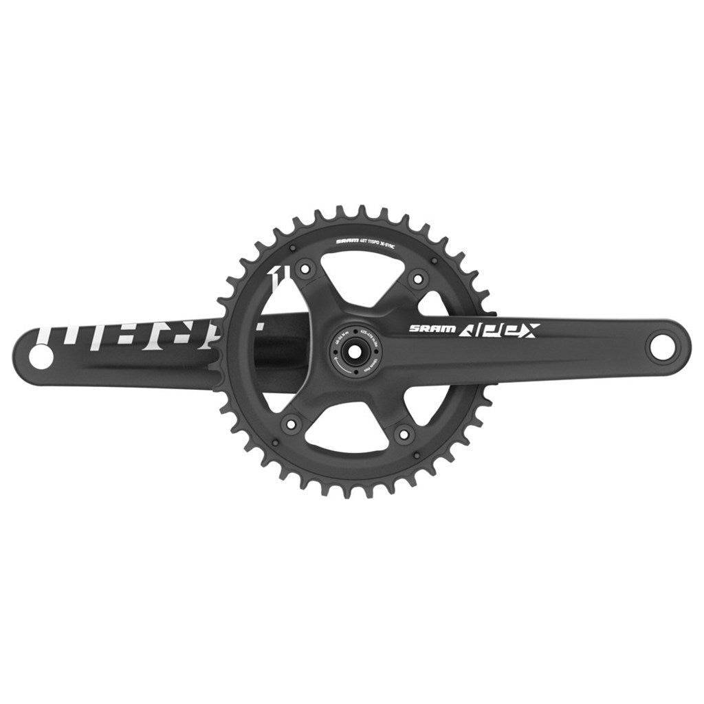 Zwart Sram Apex1 BB30 gravel crankstel met 42T kettingblad en 11 versnellingen, zichtbaar in de afbeelding.