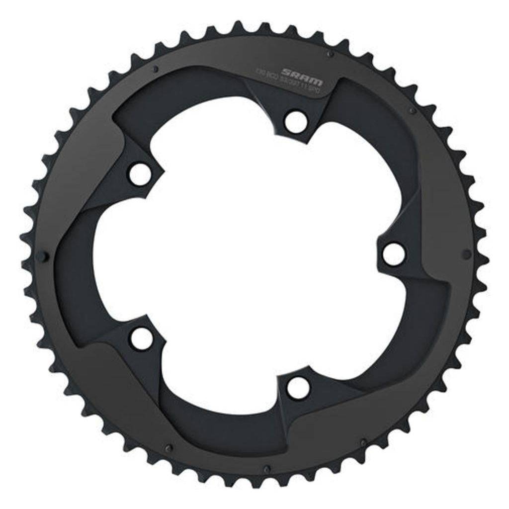 Zwart Sram kettingblad 11 snelheden 53T met steekmaat 130 voor racefiets of mountainbike.