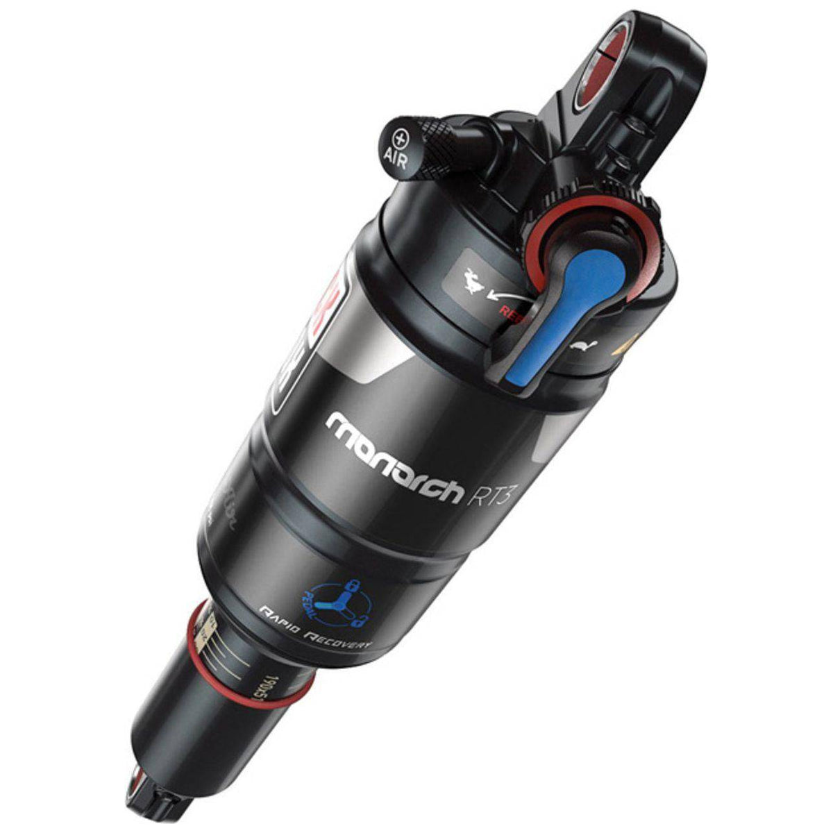 Zwart Sram Monarch RT3 schokbreker voor mountainbike, zichtbaar met 165x38 mm dempingsgrootte en stevige constructie