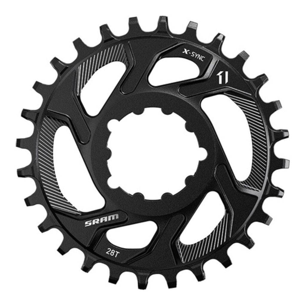Zwart Sram kettingblad 11 speed voor BB30/Boost met 3mm offset, staal, direct mount, geschikt voor mountainbikes.