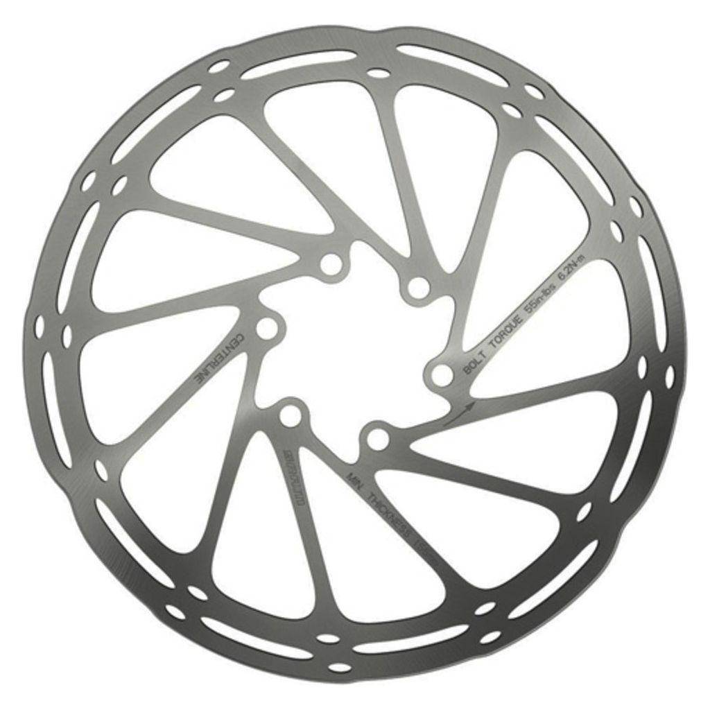 Zilveren SRAM Centerline Rounded remschijf voor fiets, zichtbaar in close-up met bevestigingsgaten en glanzend oppervlak.