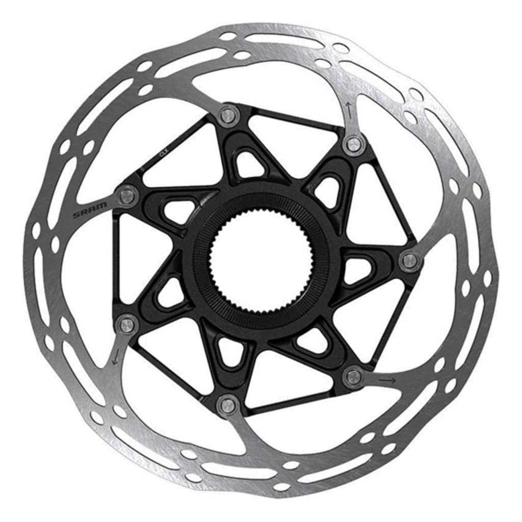 Zwarte Sram Centerline 2P Cl Rounded remschijf voor fiets, close-up van de ronde remschijf met bevestigingsgat