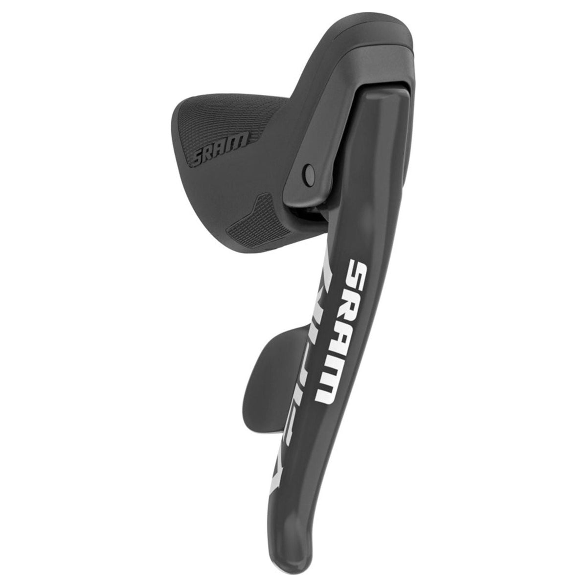 Sram Apex1 R DoubleTap 11-speed schakelhendel voor racefietsen, zwart met kleurmarkeringen, zichtbaar in de afbeelding.